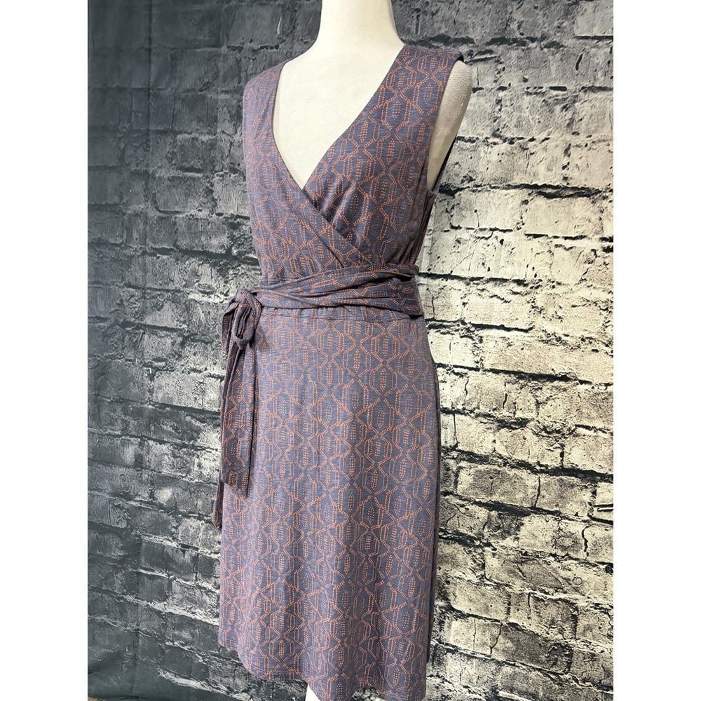 Toad&Co Wrap Dress Womens L Blue Geometric Sleeveless V Neck Knee Length - Picture 2 of 13